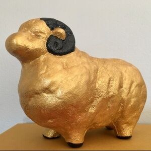 Gold Mid Century Ram Planter Ceramic Figurine Sheep Horns Plant Pot